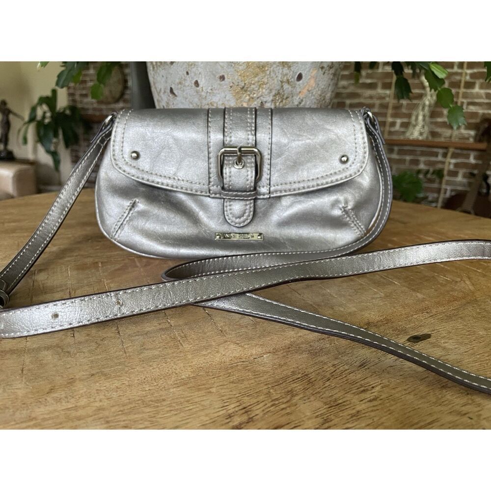 Nine West Metallic Silver Mini Crossbody Purse Buckle Flap Adjustable Strap
